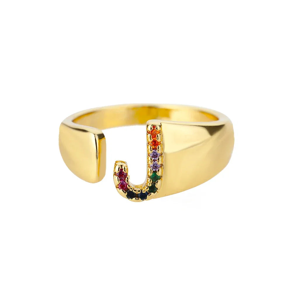 Rainbow Zircon Letter Rings For Women Fashion Chunky Wide Letter A-Z Stainless Steel Ring Wedding Boho Jewelry Gift 2024