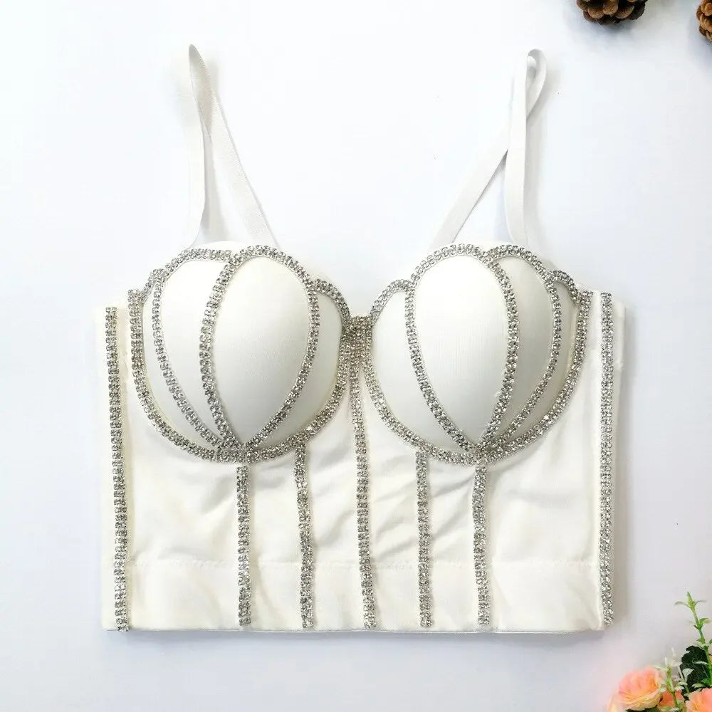 Irene Tinnie Sexy Rhinestone Bustier Corset Push Up Night Club Bralette Women's New Fashion Bra Cropped Top Plus Size Vest