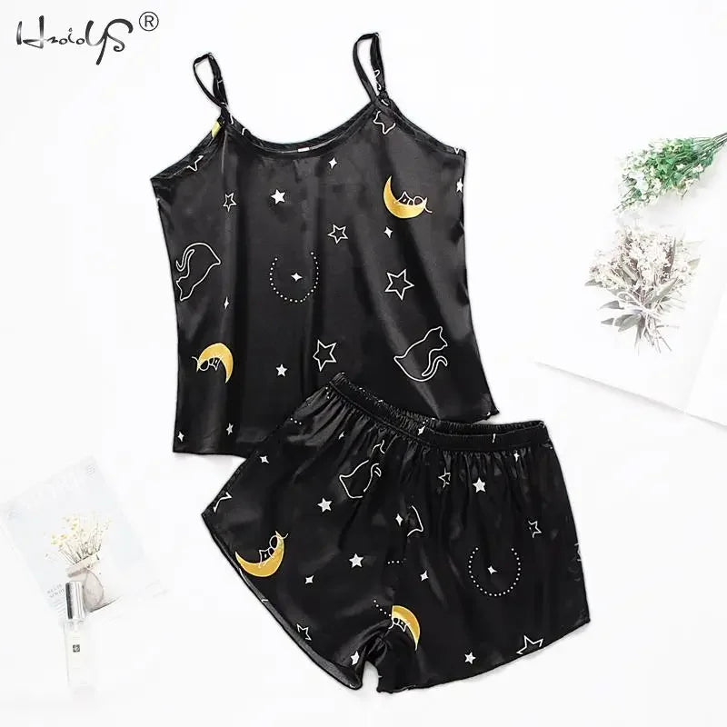 Women's Sleepwear Sexy Satin Pajama Set Cartoon Printing Pyjamas Sleeveless Cute Cami Top and Shorts