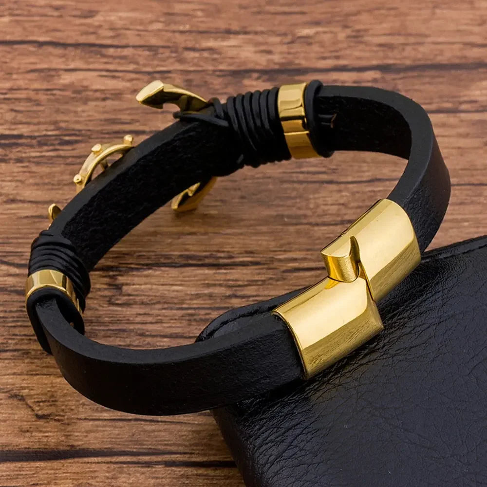 TYO Trendy Charm Woven Stainless Steel Magnet Rope Leather Anchor Bracelets Men Black Bangle Luxury Rock Hip Hop  Jewelry