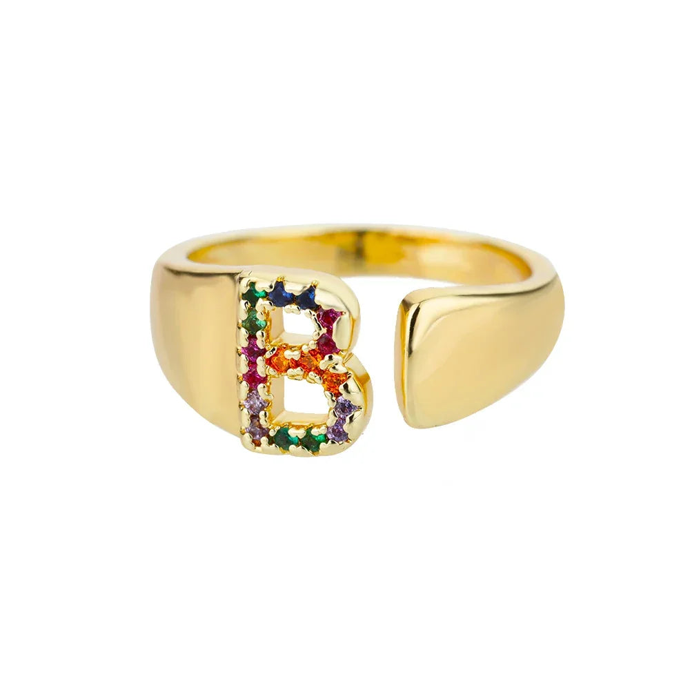 Rainbow Zircon Letter Rings For Women Fashion Chunky Wide Letter A-Z Stainless Steel Ring Wedding Boho Jewelry Gift 2024