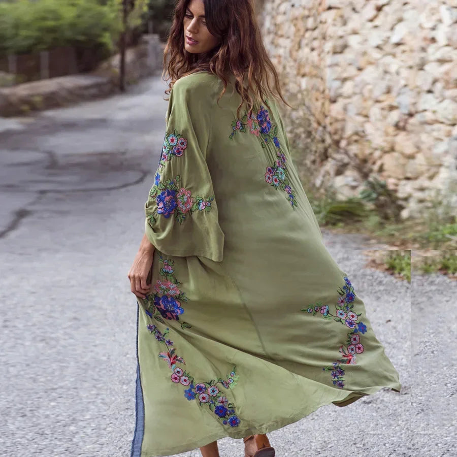 Long Boho Floral Embroidery Beach Kimono