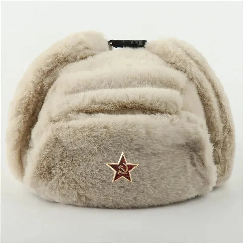 CAMOLAND Women Winter Hats Warm Faux Fur Bomber Hat For Men Soviet Army Military Badge Caps Male Thermal Earflap Cap Russia Hat