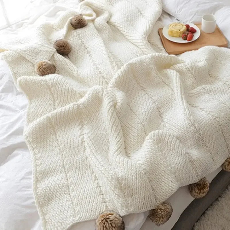 Chunky Knit Chenille Blanket With Pompoms