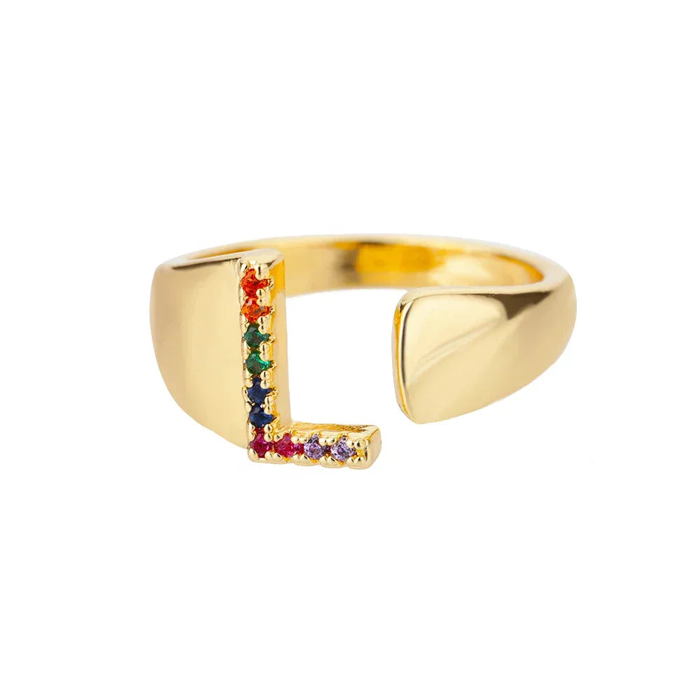 Rainbow Zircon Letter Rings For Women Fashion Chunky Wide Letter A-Z Stainless Steel Ring Wedding Boho Jewelry Gift 2024