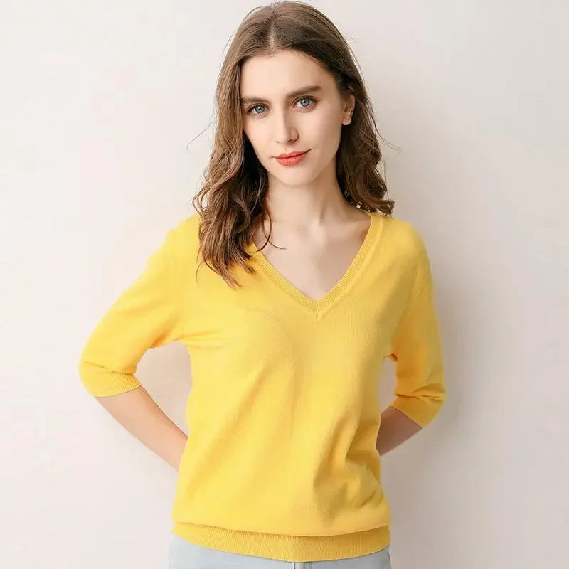 Spring/Summer 2023 Ladies Sweater Pullover Solid Color V-neck Half-sleeved Knitted Cashmere Sweater Thin Casual Top