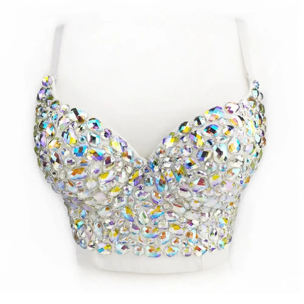 IRENE TINNIE Handmade Shiny Rhinestone Crop Top Shining Tank Top Backless Vest Sexy Bra Party Nightclub  Vest
