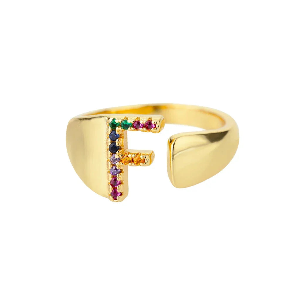 Rainbow Zircon Letter Rings For Women Fashion Chunky Wide Letter A-Z Stainless Steel Ring Wedding Boho Jewelry Gift 2024
