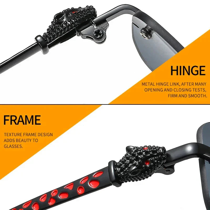 Vintage Fashion Rimless Small Square Sunglasses Women Men Luxury Brand Designer Travel Driving Metal Leopard Head Sun Glasses