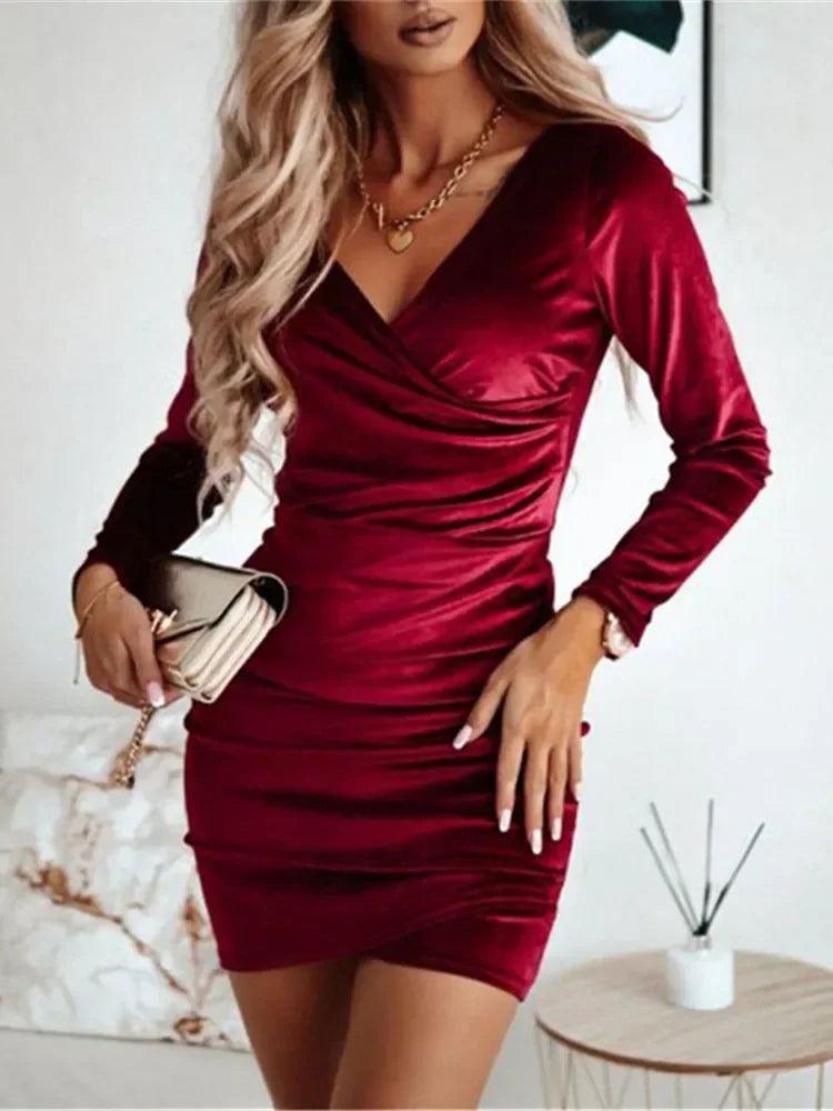 Autumn Velvet V-Neck Bodycon Dress