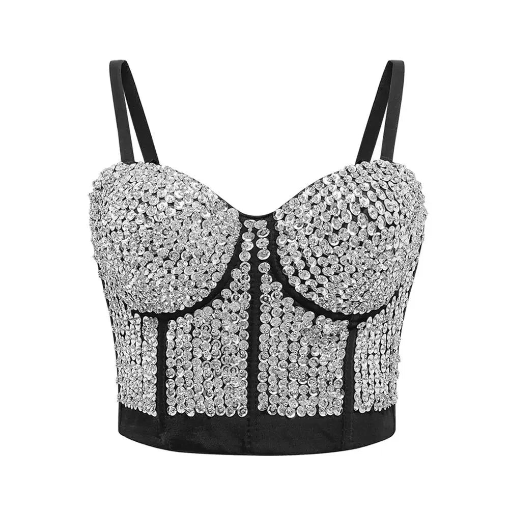 IRENE TINNIE Handmade Shiny Rhinestone Crop Top Shining Tank Top Backless Vest Sexy Bra Party Nightclub  Vest