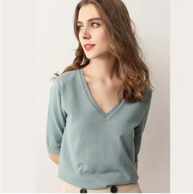 Spring/Summer 2023 Ladies Sweater Pullover Solid Color V-neck Half-sleeved Knitted Cashmere Sweater Thin Casual Top