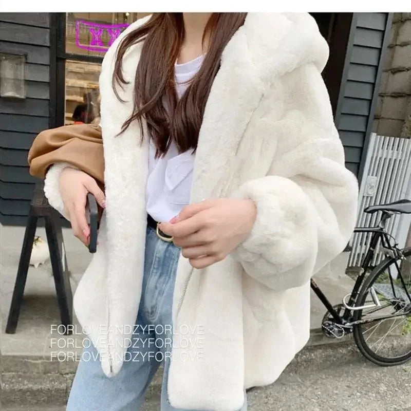 Women Korean Large Sizes Winter Casual Faux Rabbit Fur Coats Luxury Hooded Loose Thicken Warm Short Outerwear Female
