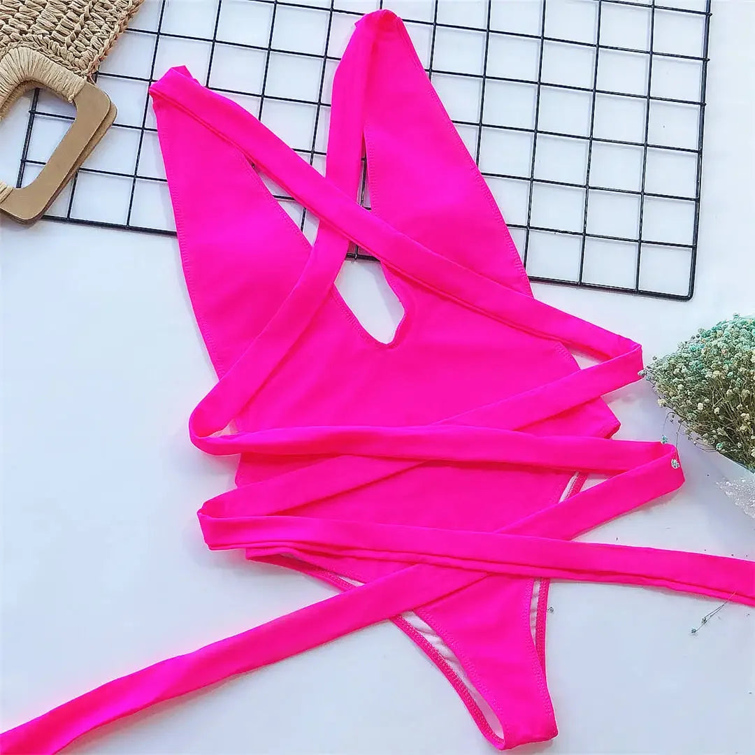 New Sexy Long Wrap Around Deep V One Piece Swimsuit Women Swimwear Female High Cut Monokini Bather Bathing Suit Swim Lady V1639W