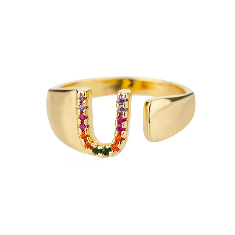 Rainbow Zircon Letter Rings For Women Fashion Chunky Wide Letter A-Z Stainless Steel Ring Wedding Boho Jewelry Gift 2024