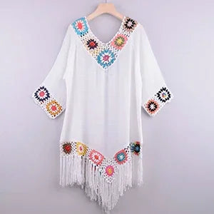 CROCHET BIKINI White Bikini Cover Up With Fringe Trim Women Sexy Hollow Tunic Beach Dress Summer Bathing Suit Beachwear