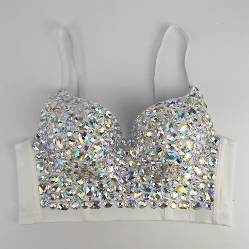 IRENE TINNIE Handmade Shiny Rhinestone Crop Top Shining Tank Top Backless Vest Sexy Bra Party Nightclub  Vest