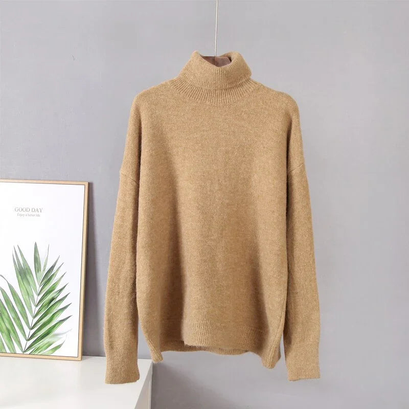 Hirsionsan turtle Neck Solid Cashmere Sweater Women Elegant Soft Warm Female Knitted Pullovers Basic Loose female Jumper