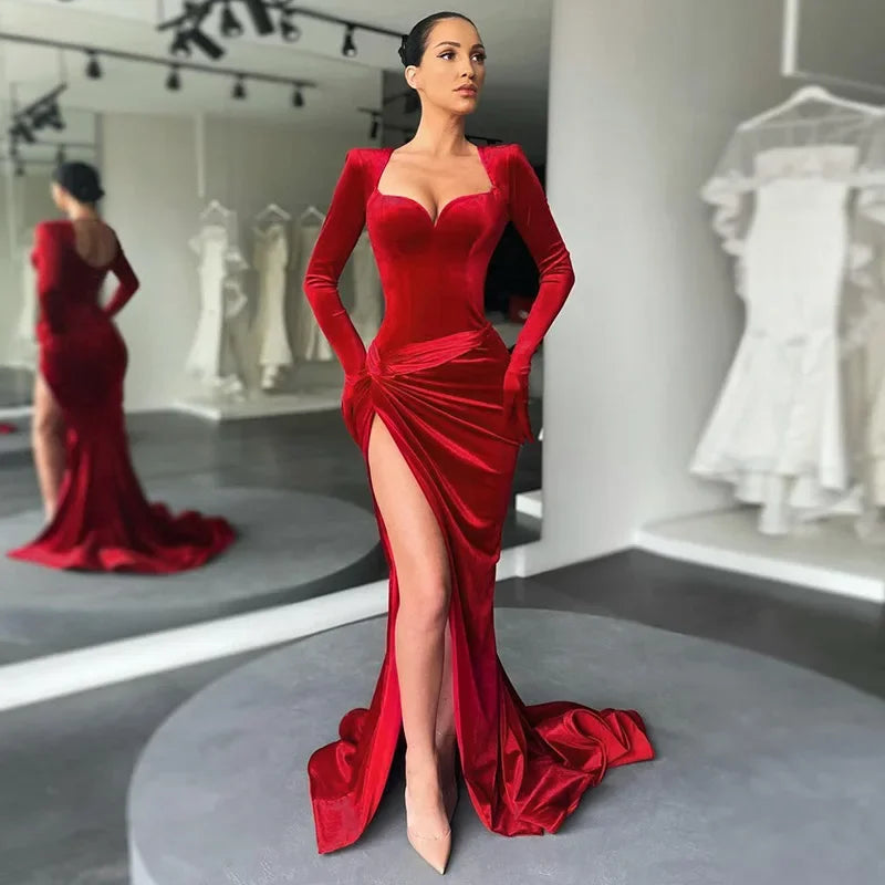 Long Sleeve Velvet High Split Long Maxi Dress