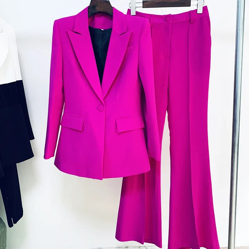 Single Button Flared Pants Blazer + Pants Suit Set