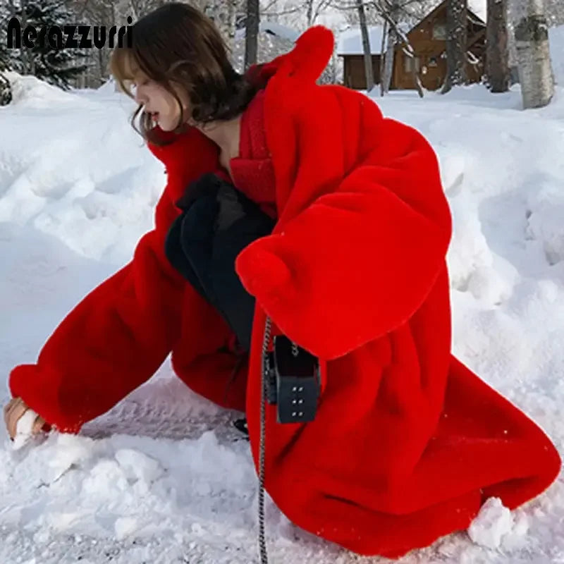 Nerazzurri Oversized Red Thick Warm Soft Fluffy Faux Fur Coat Women 2022 Raglan Seeve Stylish Thick Long Fur Coats for Winter