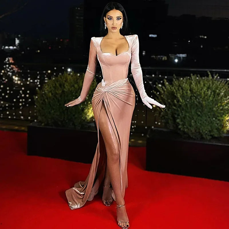 Long Sleeve Velvet High Split Long Maxi Dress