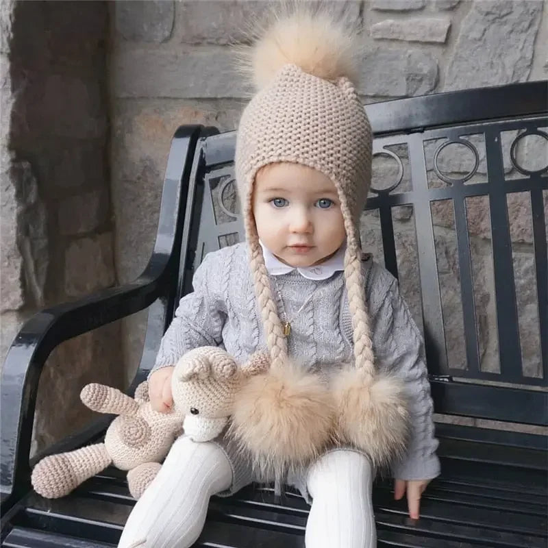 Knitted Baby Hat with Three Real Fur Pompom Children Beanie Boy Girl Natural Raccoon Fur Ball Kids Cap Cute Real Fur Pom Pom Hat