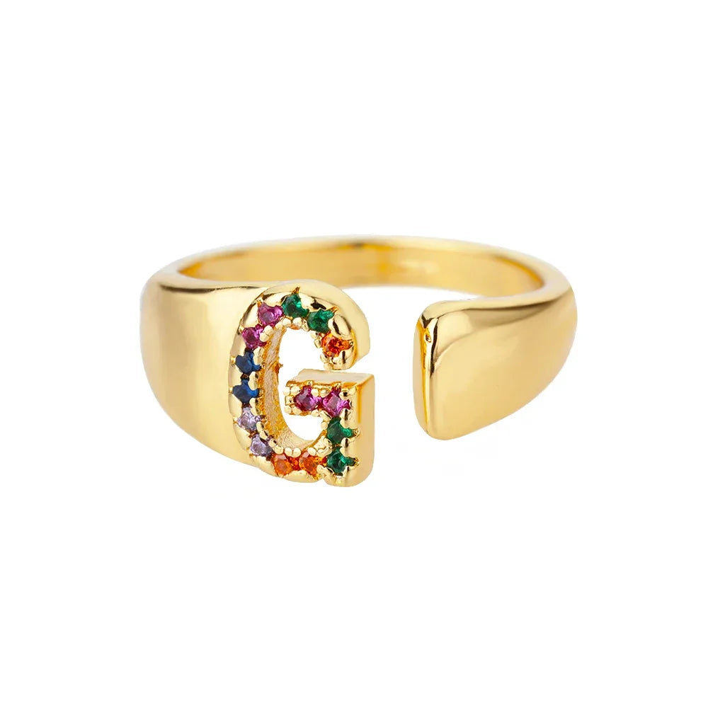Rainbow Zircon Letter Rings For Women Fashion Chunky Wide Letter A-Z Stainless Steel Ring Wedding Boho Jewelry Gift 2024