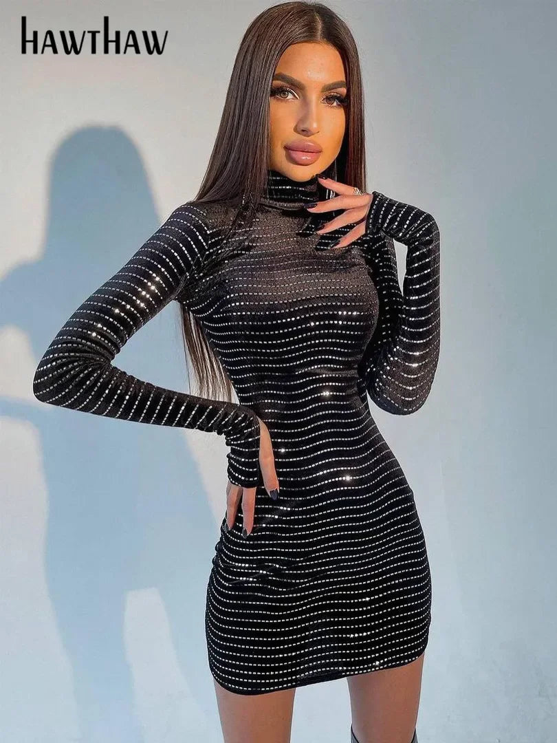 Hawthaw Women Fashion Autumn Winter Long Sleeve Bodycon Party Club Black Sequin Mini Dress 2021 Wholesale Items For Business