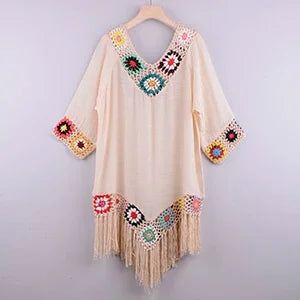 CROCHET BIKINI White Bikini Cover Up With Fringe Trim Women Sexy Hollow Tunic Beach Dress Summer Bathing Suit Beachwear