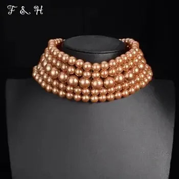 Pearl Necklace & Pendant Multi Layer Torques African Necklace Sets Dubai Wedding Bridal Jewelry Luxury Women Fashion Collar