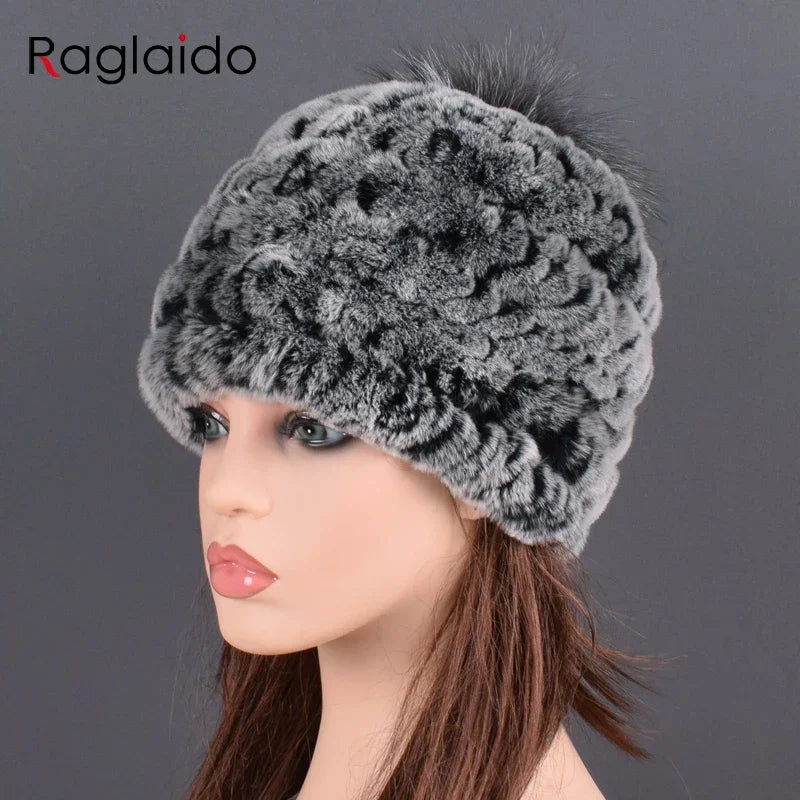 rex rabbit fur hat cap women's winter pompom caps warm natural fur knitted elastic black gray fox ball female bomber hats girsl