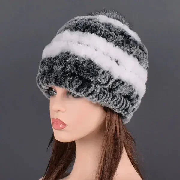 rex rabbit fur hat cap women's winter pompom caps warm natural fur knitted elastic black gray fox ball female bomber hats girsl
