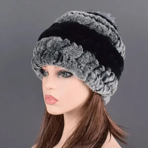 rex rabbit fur hat cap women's winter pompom caps warm natural fur knitted elastic black gray fox ball female bomber hats girsl