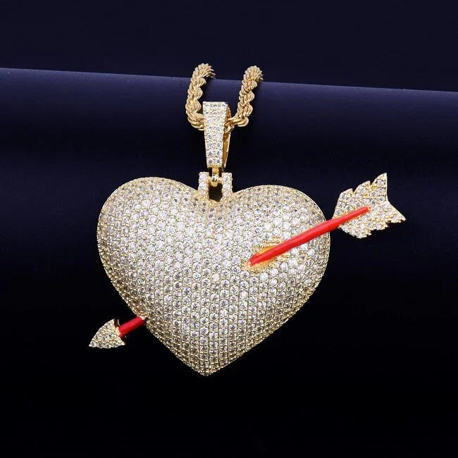 Heart Arrow Necklace & Pendant Gold Color AAA Cubic Zircon Men's Hip Hop Jewelry