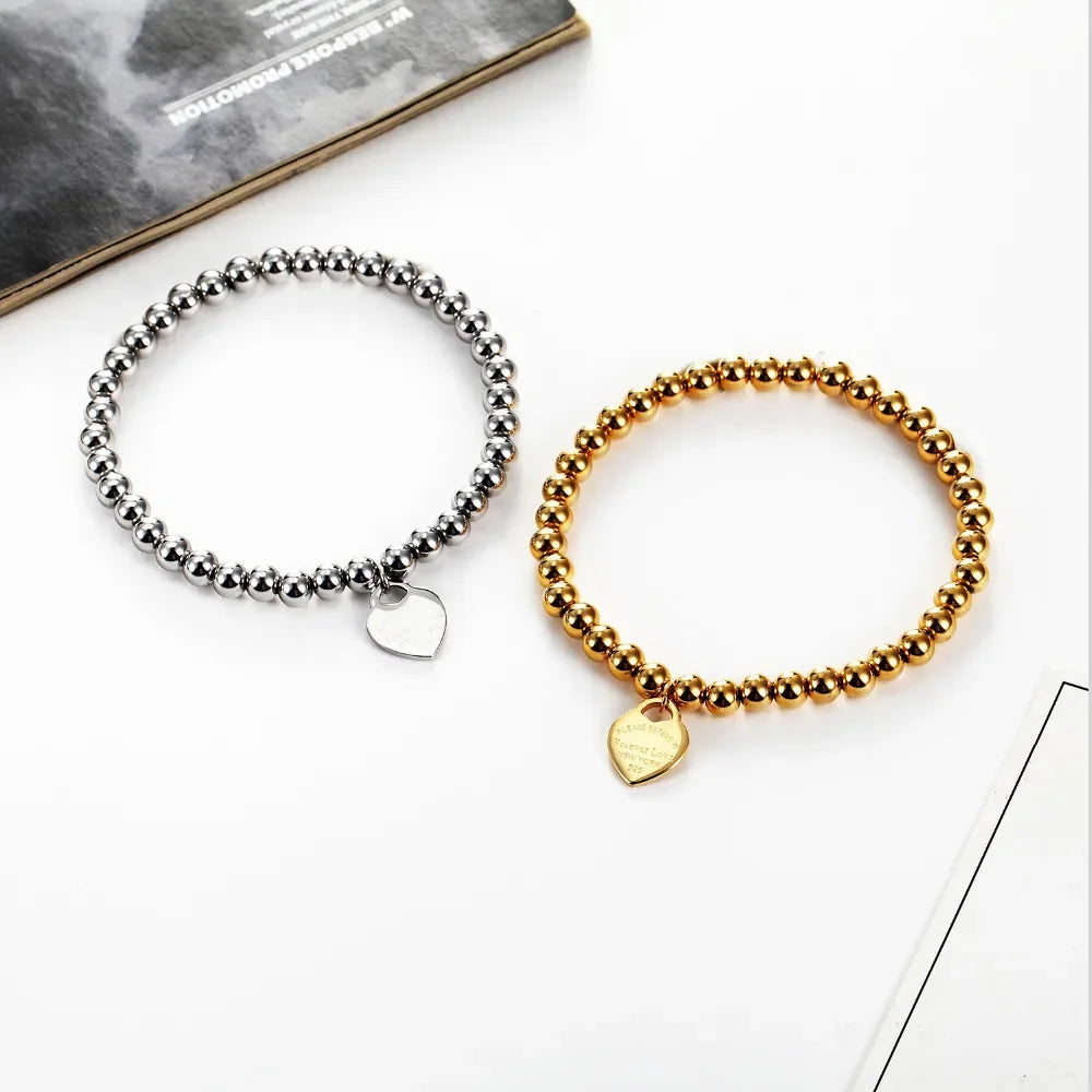 Heart Pendant Beaded Stainless Bracelet