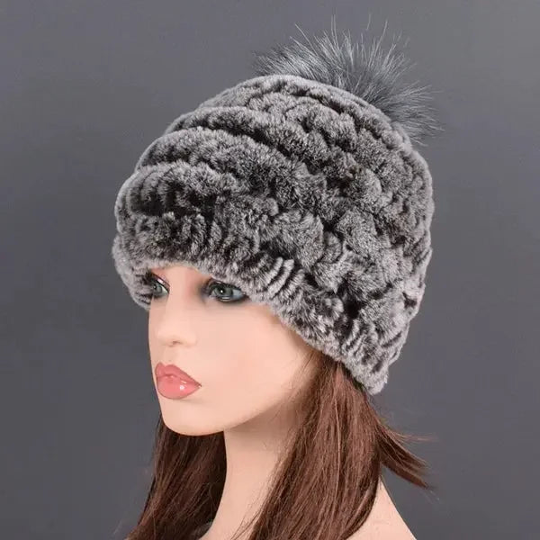 rex rabbit fur hat cap women's winter pompom caps warm natural fur knitted elastic black gray fox ball female bomber hats girsl