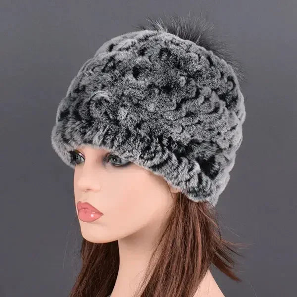 rex rabbit fur hat cap women's winter pompom caps warm natural fur knitted elastic black gray fox ball female bomber hats girsl