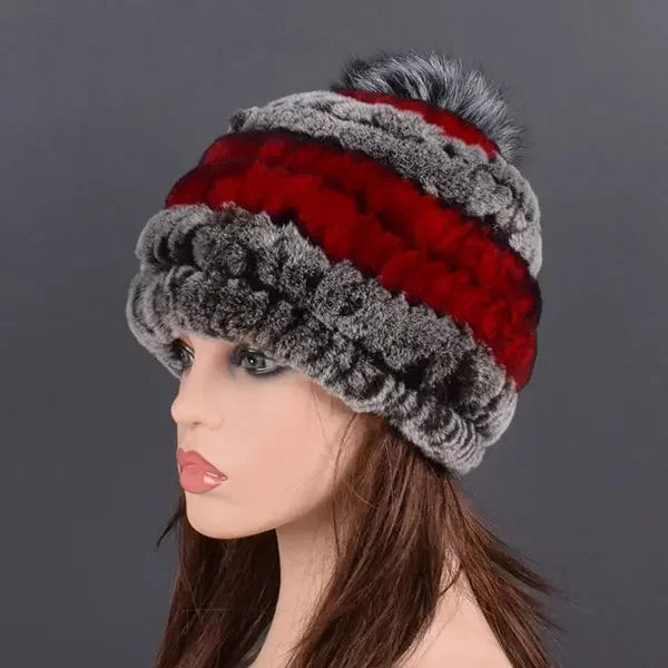 rex rabbit fur hat cap women's winter pompom caps warm natural fur knitted elastic black gray fox ball female bomber hats girsl