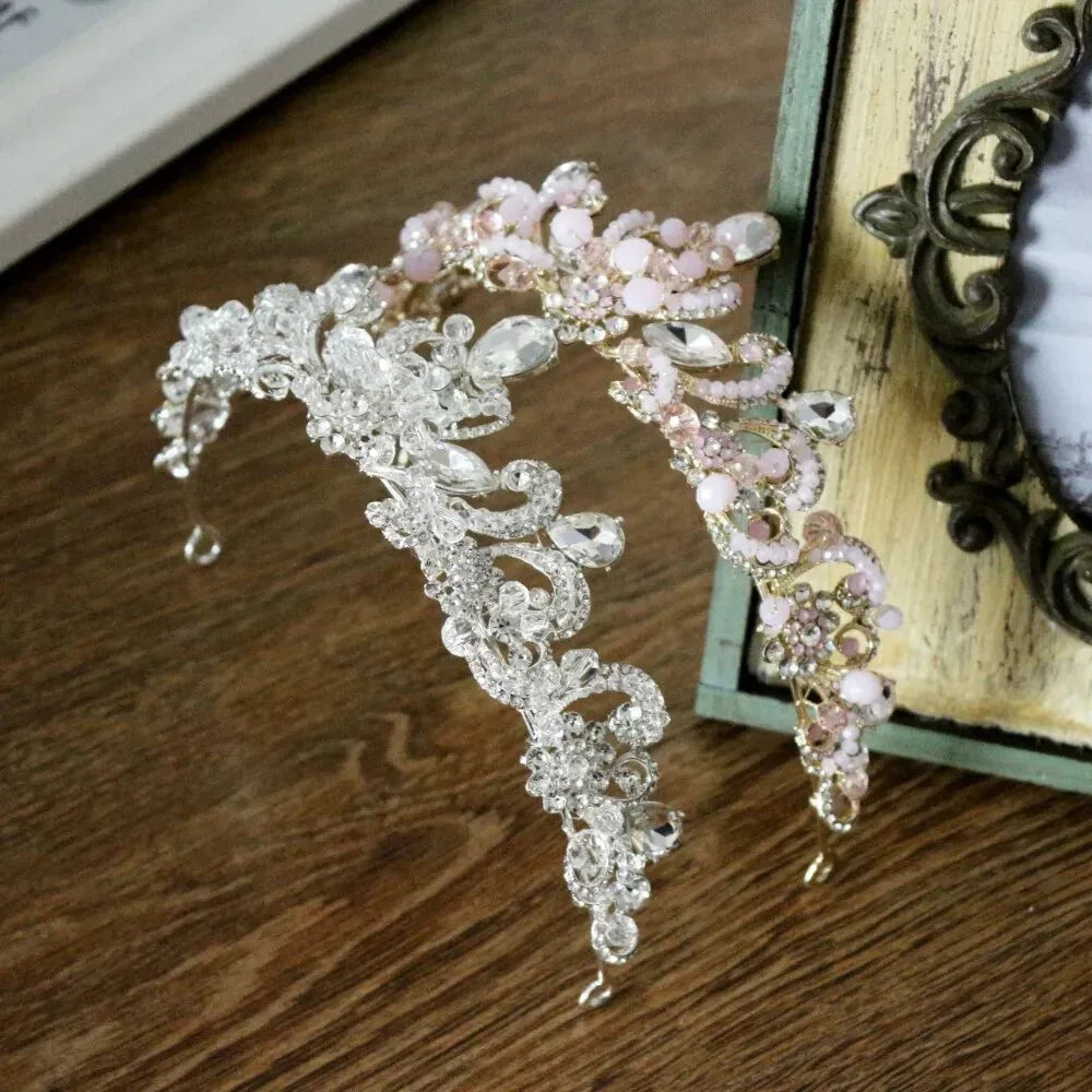 Baroque handmade pink crystal beads bridal tiaras crown vintage wedding hair accessories rhinestone crowns pageant prom diadem