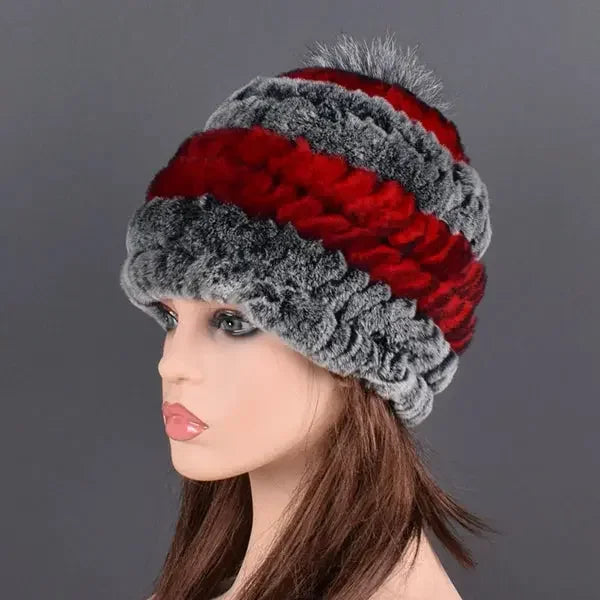 rex rabbit fur hat cap women's winter pompom caps warm natural fur knitted elastic black gray fox ball female bomber hats girsl