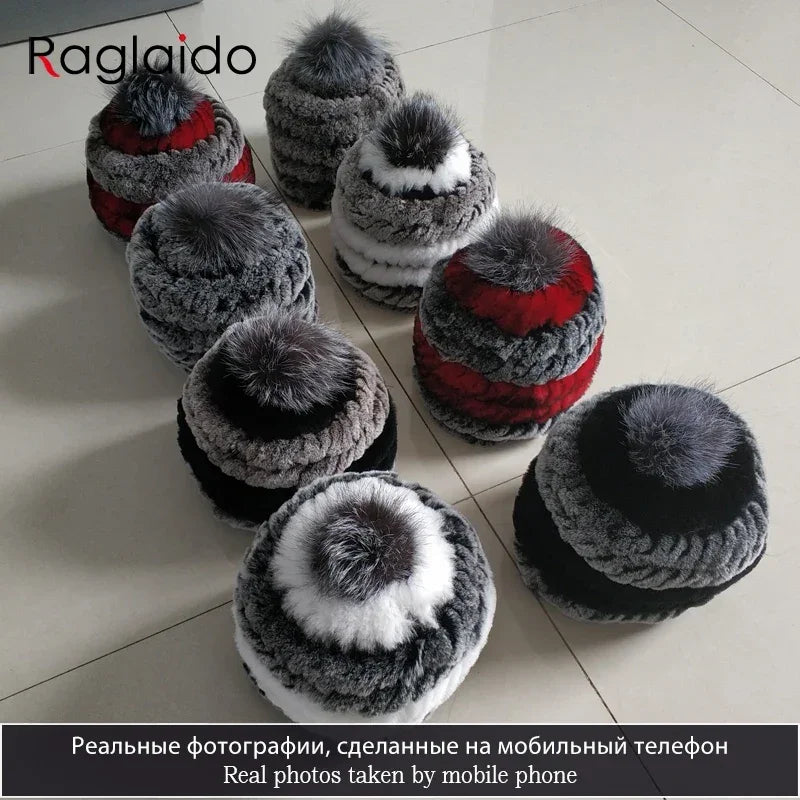 rex rabbit fur hat cap women's winter pompom caps warm natural fur knitted elastic black gray fox ball female bomber hats girsl