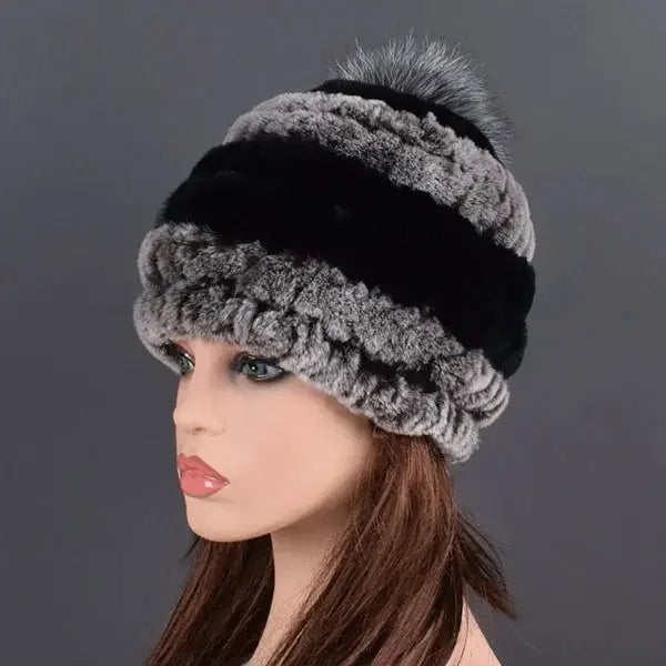 rex rabbit fur hat cap women's winter pompom caps warm natural fur knitted elastic black gray fox ball female bomber hats girsl
