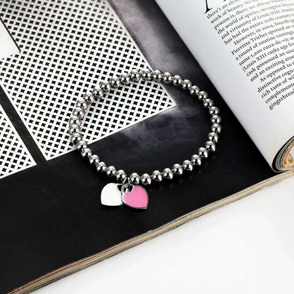 Heart Pendant Beaded Stainless Bracelet