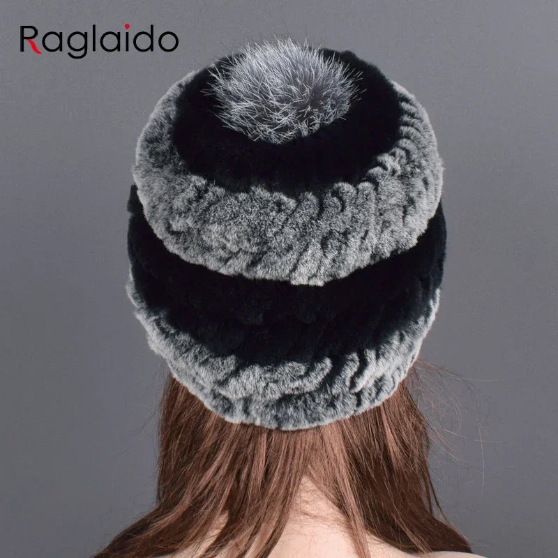 rex rabbit fur hat cap women's winter pompom caps warm natural fur knitted elastic black gray fox ball female bomber hats girsl