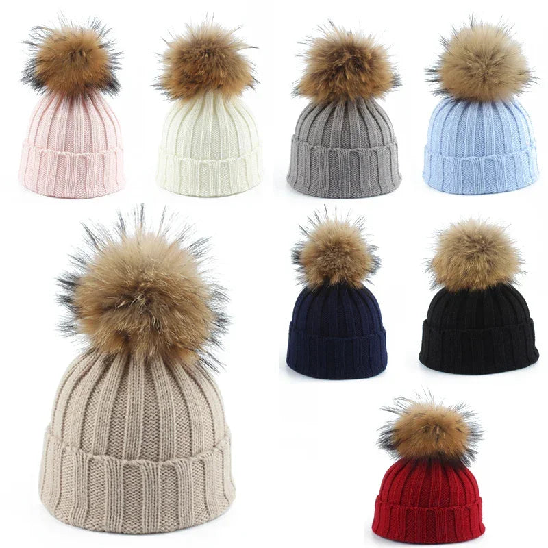Kids Big Fur Beanie Hat
