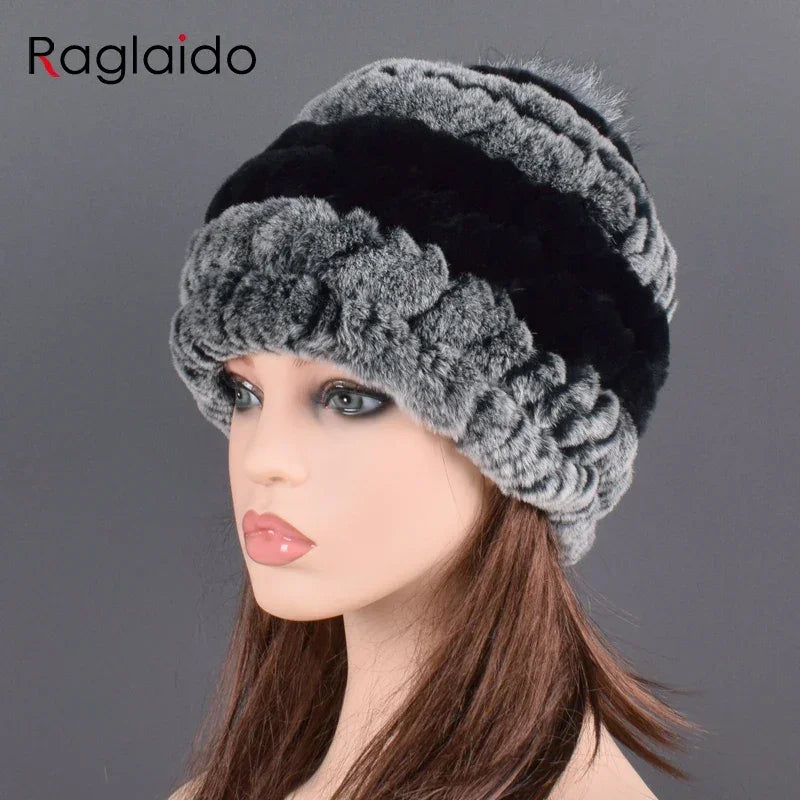 rex rabbit fur hat cap women's winter pompom caps warm natural fur knitted elastic black gray fox ball female bomber hats girsl