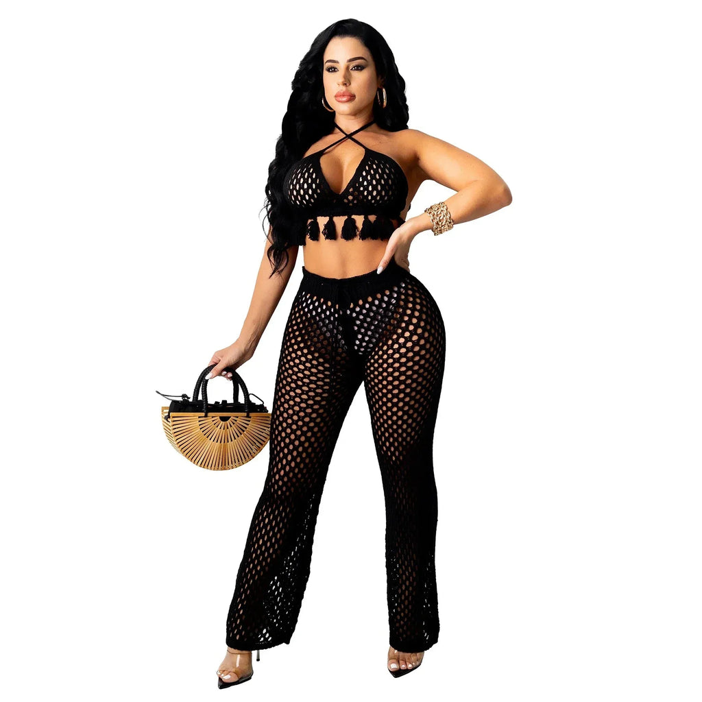 Maui Crochet Halter Crop Top & Pants Beach Set