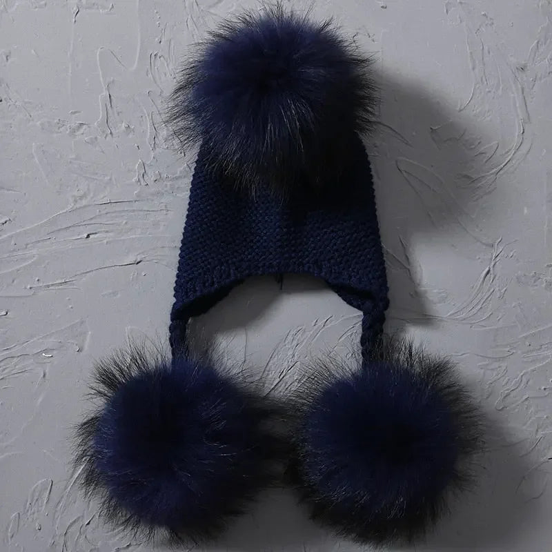Knitted Baby Hat with Three Real Fur Pompom Children Beanie Boy Girl Natural Raccoon Fur Ball Kids Cap Cute Real Fur Pom Pom Hat