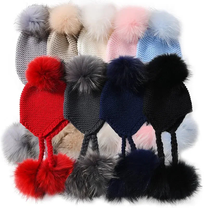 Knitted Baby Hat with Three Real Fur Pompom Children Beanie Boy Girl Natural Raccoon Fur Ball Kids Cap Cute Real Fur Pom Pom Hat